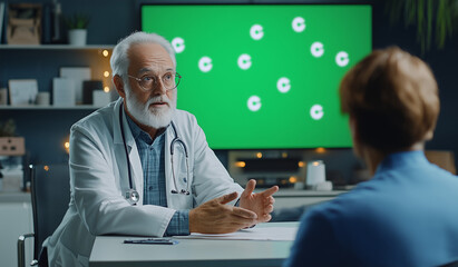 Fototapeta premium Senior Caucasian Doctor Explaining Diagnosis to Patient with Green Screen Background