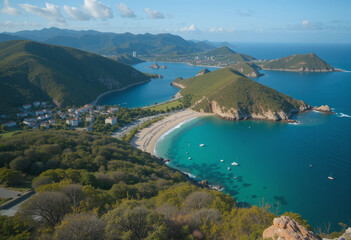 Obraz premium A beautiful beach with a small town in the background