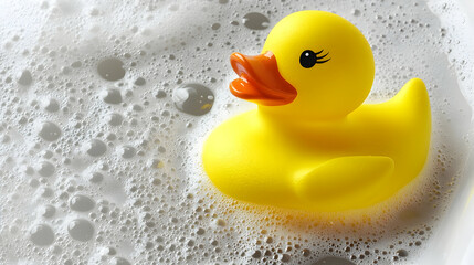 Yellow rubber ducky in soapy bathwater.  Bubbles and foam surround it.  Perfect for children's bath time product advertising