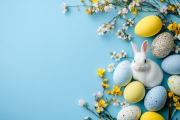 Easter background with copy space, colorful eggs, and bunnies on a blue tabletop.