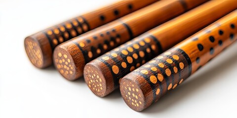 Four bamboo woodwind instruments showing artistic decoration lying on white background