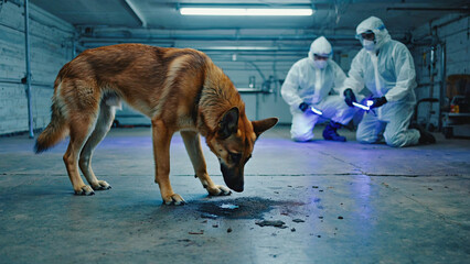 Forensic Investigation: A vigilant German Shepherd expertly sniffs the scene while forensics experts diligently work to collect evidence.