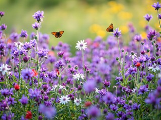 Purple flowers bloom, butterflies flutter, colorful.