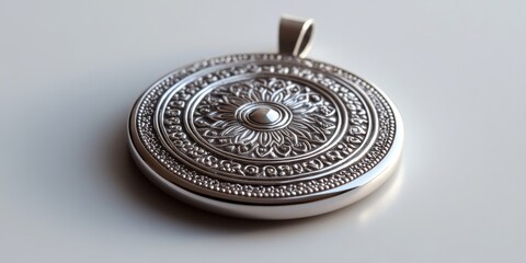 Silver medallion showing intricate design resting on white surface