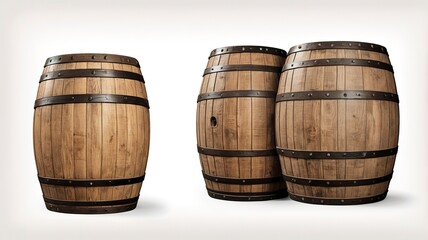 Weathered oak barrels with vintage charm on white background.  