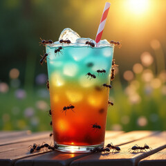 generative ai, fresh drink that has been infested with ants