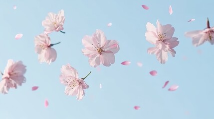Fototapeta premium Soft pink sakura petals falling through clear light blue gradient sky, dreamy wabi-sabi style composition with abstract floral shapes. Ideal for meditation app interfaces, spa branding materials, or s