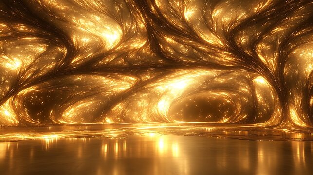 Golden fractal landscape with glowing, swirling textures and reflections.