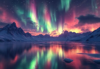 Stunning Aurora Borealis Illuminating Lake and Majestic Mountains at Twilight