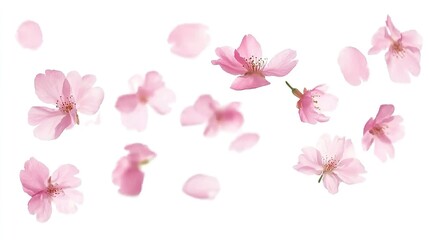 Soft pink sakura petals with detailed cut-out silhouettes drifting diagonally, isolated on pure white with shadow effects. Premium PNG collection for luxury cosmetic packaging, stationery design, or s