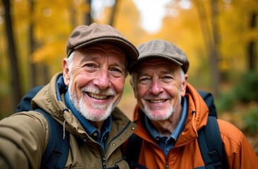Fototapeta premium elderly couple enjoying cheerful hiking selfie in forest