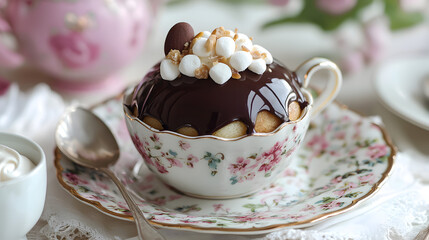 Fototapeta premium Delightful Dessert with Chocolate Glaze and Sweet Toppings in Floral Cup