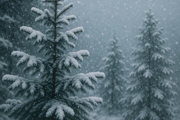 Obraz premium Serene Winter Landscape with Snow-Covered Pine Trees in a Foggy Atmosphere