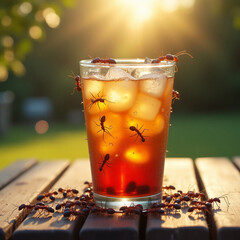 generative ai, fresh drink that has been infested with ants