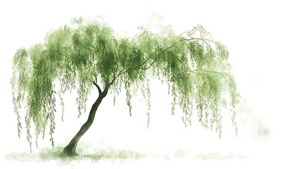 illustrations of various trees, leaves, grasses, and botanical elements on white background.