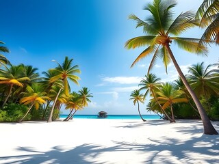 Obraz premium Stunning Tropical Beach Scene with Palm Trees, White Sand, Turquoise Water and Blue Sky, Peaceful Summer Vacation.