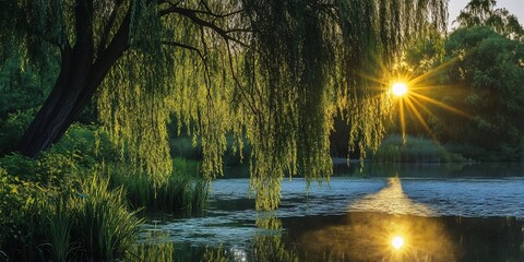 Obraz premium The slender, cascading leaves of a weeping willow softly illuminated by the early sun, with a serene pond nearby. 