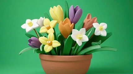 Whimsical claymation floral composition featuring multicolor crocuses, striped tulips, and trumpet daffodils in cracked ceramic pot, soft green textured backdrop. Stop-motion inspired art for Easter d