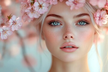 Fototapeta premium Commercial marketing idea. Spring mood, golden sunrise and fog. Attractive caucasian young woman surrounded by cherry blossoms. Vibrant woman in cherry blossoms. Woman in bright spring garden.