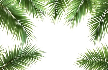 Lush Green Palm Leaves Frame on White Background