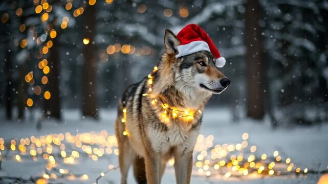 Majestic Winter Wolf: Festive Lights & Snow