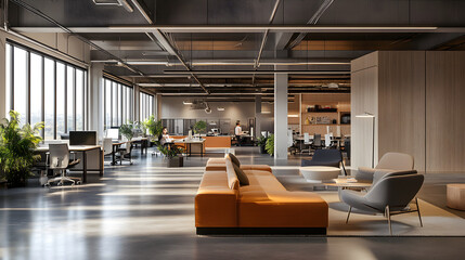 An open office layout with comfortable seating areas and collaborative zones.