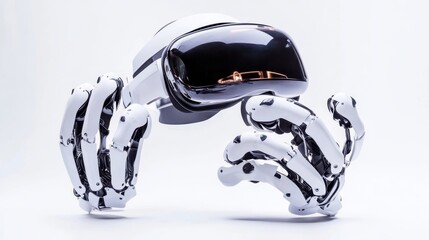 A futuristic virtual reality headset with mechanical arms presented