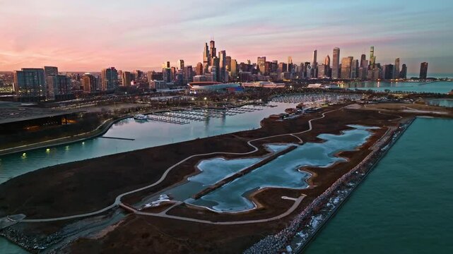 Aerial view over the Northerly Island, toward the Chicago skyline, dawn in USA