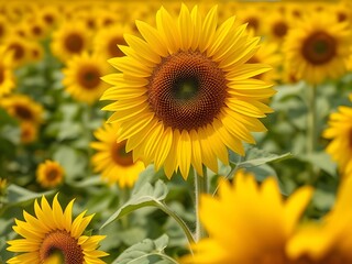 Obraz premium Vibrant Sunflower Field Close-up on Bright Yellow Blooms, Summer Nature, Agriculture, Rural Landscape.