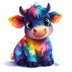 Cute cartoon cow with rainbow colors and joyful expression high resolution images