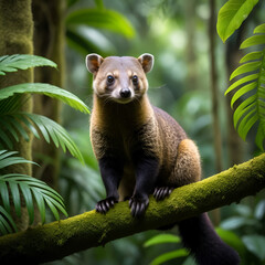 Striking BrownNosed Coati Perched on Branch Amidst Lush Rainforest Canopy, Showcasing Vibrant Fur Textures and Inquisitive Eyes in a Moody Green Jungle Environment