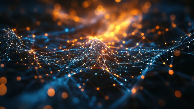 Abstract Blue and Orange Network Connection, Digital Data Flow, Futuristic Technology Background