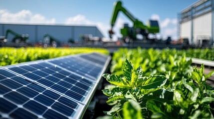 Fototapeta premium Solar energy photovoltaic panels installed in a modern industrial park with a large crane visible in the background against a blue sky with white clouds