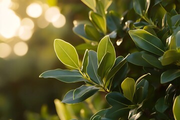 Obraz premium The soft, rounded leaves of a sweet bay tree illuminated by the gentle rays of the morning sun, creating a peaceful scene. 