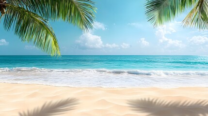 Idyllic beach surrounded by graceful palm trees under a bright sunlight creating a classic tropical paradise scene