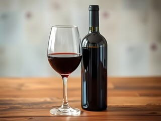 Red Wine Bottle and Glass on Wooden Table, Still Life - Drinks Concept.