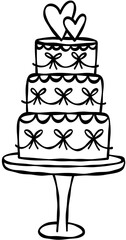 Wedding Cake with Hearts and Ribbons Hand Drawn Line Art Vector Illustration
