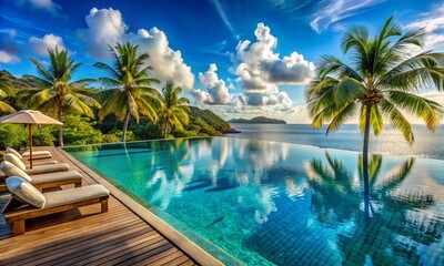 Luxury resort infinity pool overlooking tropical island, leisure travel.