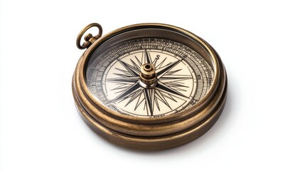 A vintage brass compass showing direction on a white background