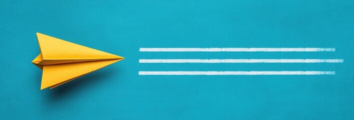 Fototapeta premium Yellow Paper Airplane Gliding on Teal Background with Motion Lines Indicating Swift Flight