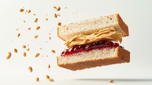 A delicious peanut butter and jelly sandwich floating in air