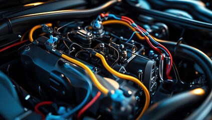 Fototapeta premium Detailed Close Up Of A Car Engine With Yellow And Red Wires