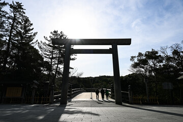 伊勢神宮の鳥居と宇治橋の風景 三重県伊勢市 日本