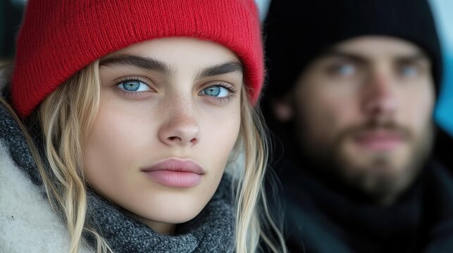 Couple in winter attire, close-up