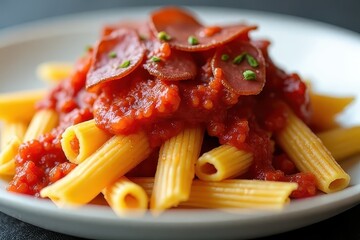 Tomato Sauce Pasta Dish and Salami