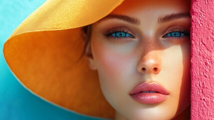 A woman with a yellow hat and blue eyes