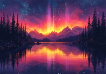 Fototapeta premium Stunning Landscape of Majestic Mountains Reflecting in Tranquil Lake Under Vibrant Night Sky with Auroras