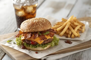 Juicy Bacon Cheeseburger with Crispy Fries and Soda: Classic American Meal