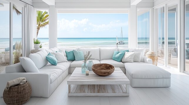 A modern and minimalist coastal living room with a white L-shaped sofa - Powered by Adobe