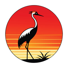 A graceful red-crowned crane silhouette stands tall against a glowing sunset sky, its elegant form mirrored on calm waters, capturing peace and natural beauty.